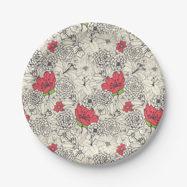Poppy Flower Garden Pattern Paper Plate (Front)