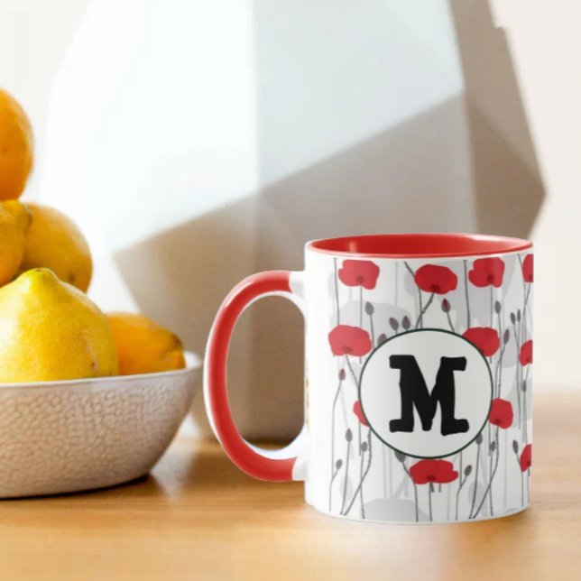 Poppy flower gift botanical pretty monogram mug (Creator Uploaded)
