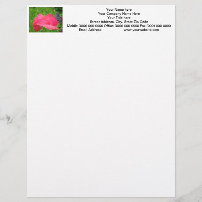 Poppy Flower Letterhead Custom Pink Poppies Template (Front)