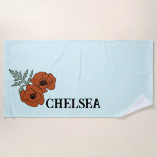 Poppy flower light blue beach towel