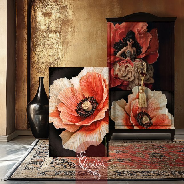 Poppy Flower Macro Close up Red Coral & Black Tissue Paper (Luxe Blooms, Poppy Flower, Macro Close-up, Coral Red, black and beige, decoupage tissue paper.)