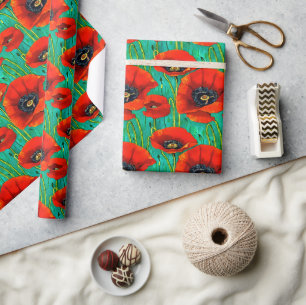 Poppy flower pattern red green remembrance day wrapping paper