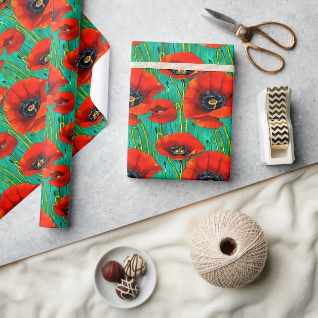 Poppy flower pattern red green remembrance day wrapping paper (Crafts)