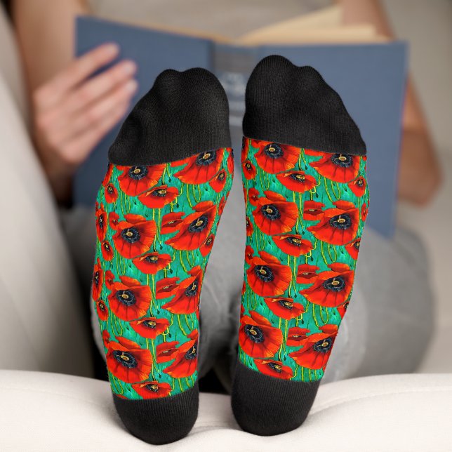 Poppy flower remembrance day floral seamless socks (Bottom)