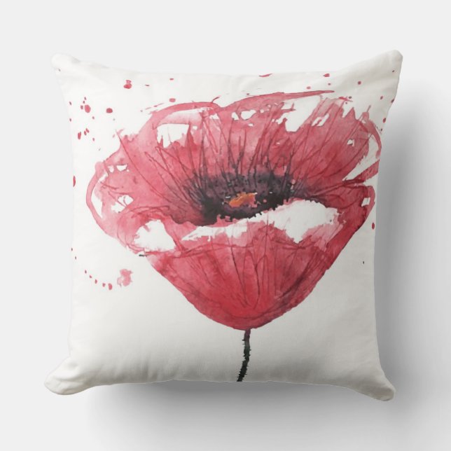 Poppy flower, watercolor cushion (Front)