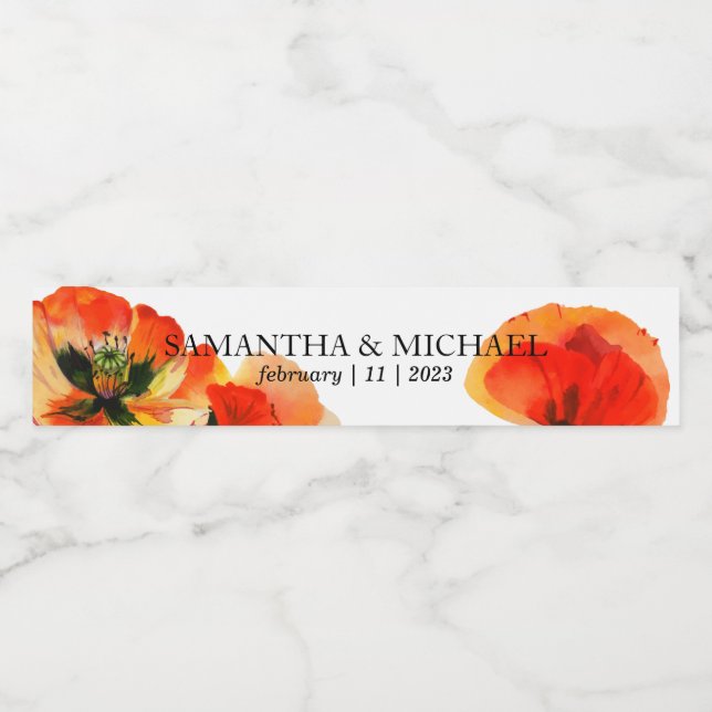 Poppy Flower Watercolor Paint Wedding Water Bottle Label (Single Label)