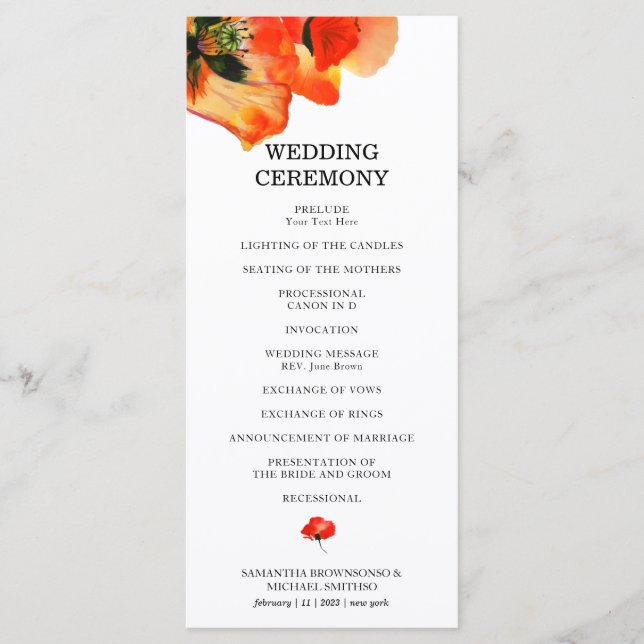 Poppy Flower Watercolor Painting Ceremony Wedding Menu (Front)