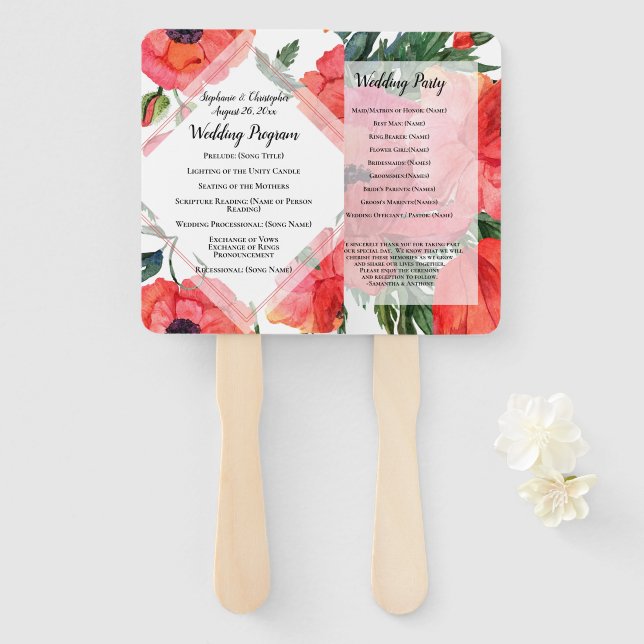 Poppy Flower Watercolor Red Rehearsal Dinner Invit Hand Fan (Front and Back)