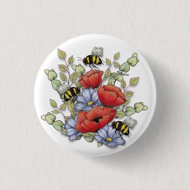 Poppy Flowers and Bees Digital Drawing, Botanical  3 Cm Round Badge (Front)