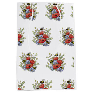 Poppy Flowers and Bees Digital Drawing, Botanical  Medium Gift Bag