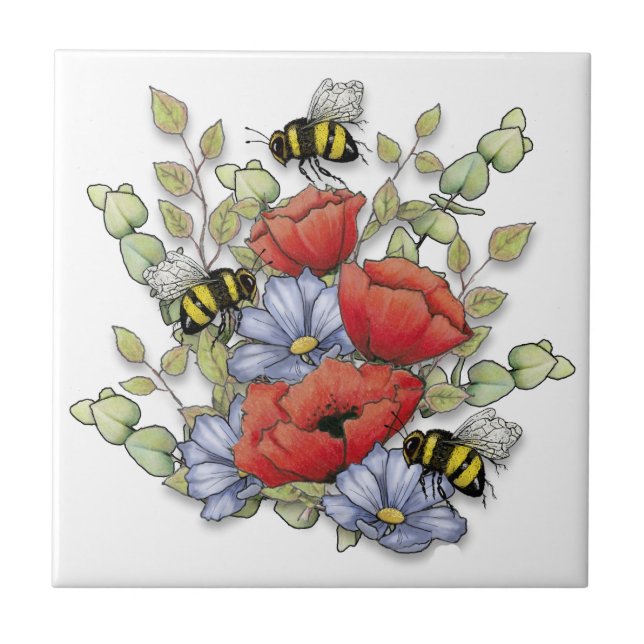 Poppy Flowers and Bees Digital Drawing, Botanical  Tile (Front)