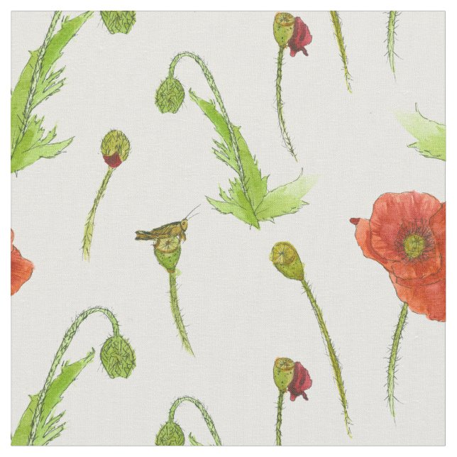 Poppy Flowers Botanical Illustration Red Floral Fabric (Close Up)