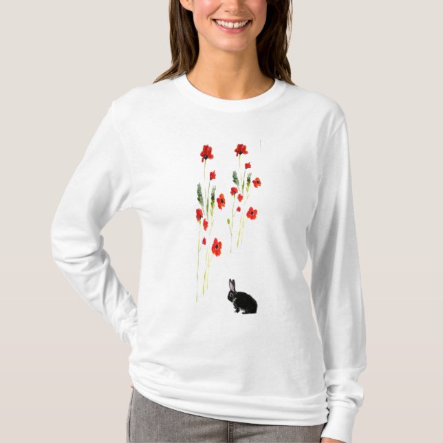 Poppy Flowers Bunny Rabbit Art T-Shirt (Front)
