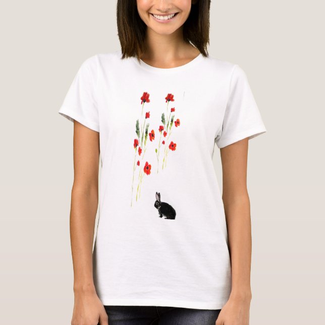 Poppy Flowers Bunny Rabbit T-Shirt (Front)
