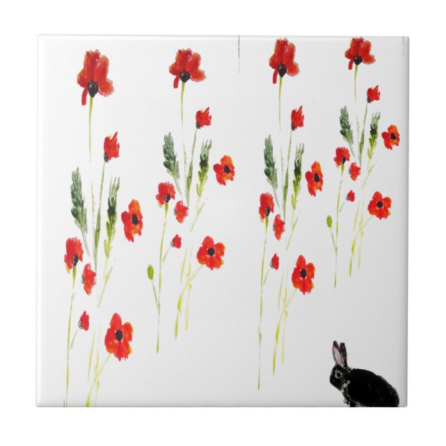Poppy Flowers Bunny Rabbit Tile (Front)