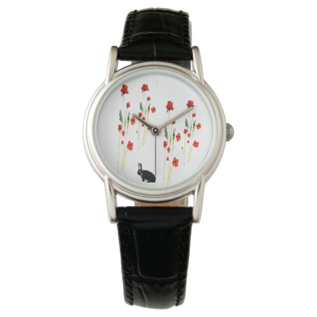 Poppy Flowers Bunny Rabbit Watch (Front)