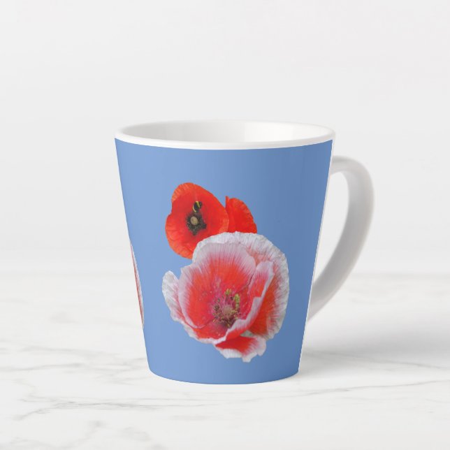 Poppy Flowers Close up Cust. Blue Latte Mug (Right Angle)