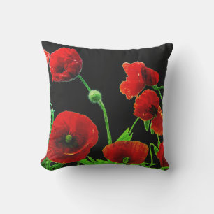 Poppy Flowers Colorful Floral Abstract Red Black Cushion