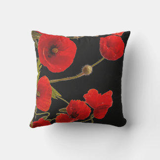 Poppy Flowers Colourful Red Floral Abstract Black Cushion