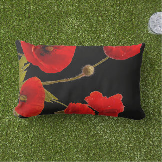 Poppy Flowers Colourful Red Floral Abstract Black Lumbar Cushion