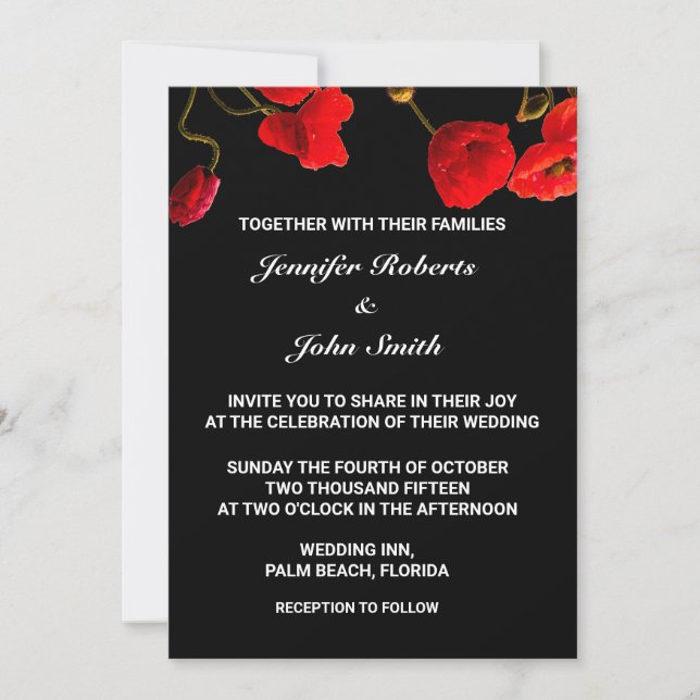 Poppy Flowers Floral Red Black Unique Wedding Invitation (Front)