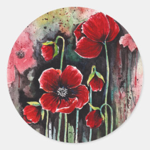 Poppy Flowers In Watercolor  Classic Round Sticker