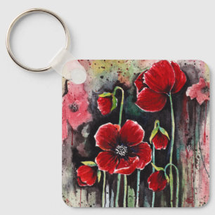 Poppy Flowers In Watercolor Key Ring