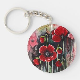 Poppy Flowers In Watercolor  Key Ring