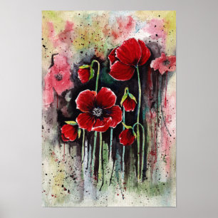 Poppy Flowers In Watercolor   Poster