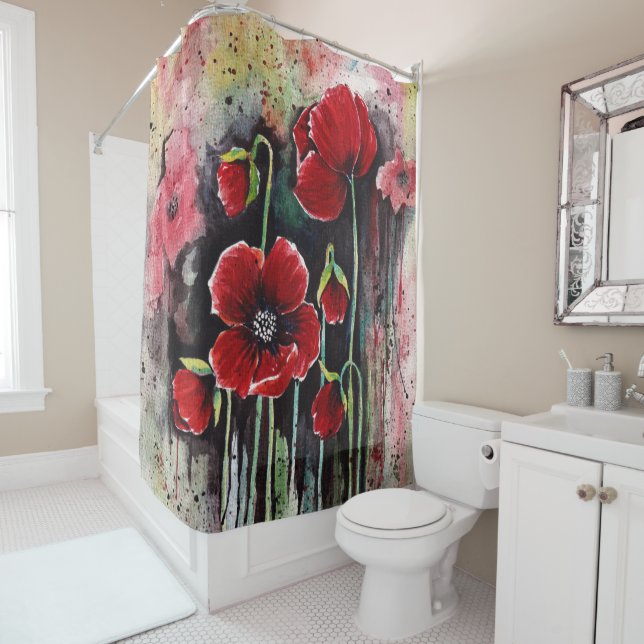 Poppy Flowers In Watercolor  Shower Curtain (In Situ)