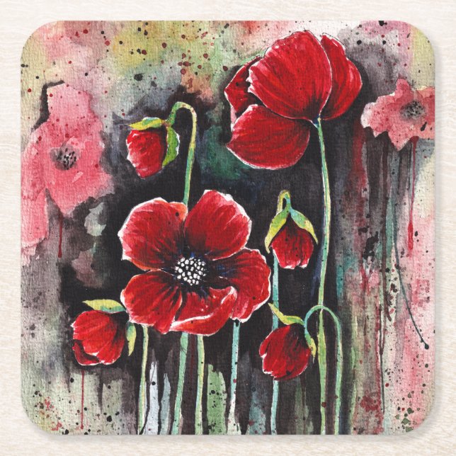 Poppy Flowers In Watercolor  Square Paper Coaster (Front)