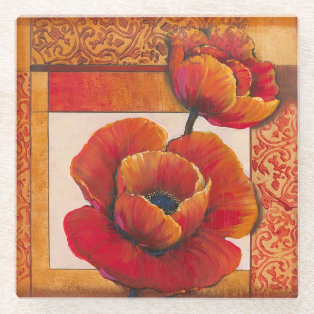 Poppy Flowers on Tan and Orange Background Glass Coaster (Front)