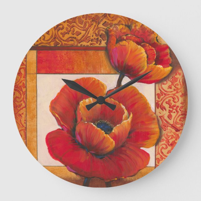 Poppy Flowers on Tan and Orange Background Large Clock (Front)