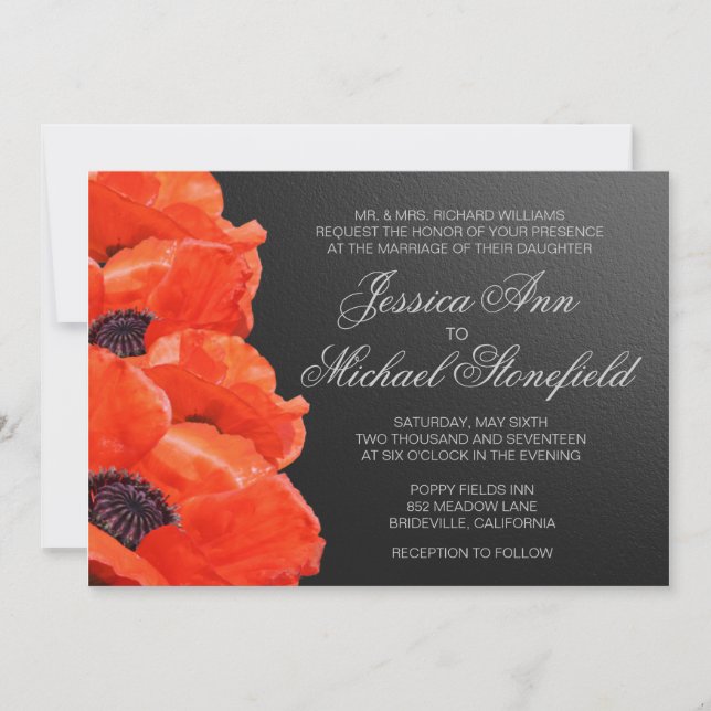 Poppy Flowers Orange Black Chalkboard Wedding Invitation (Front)