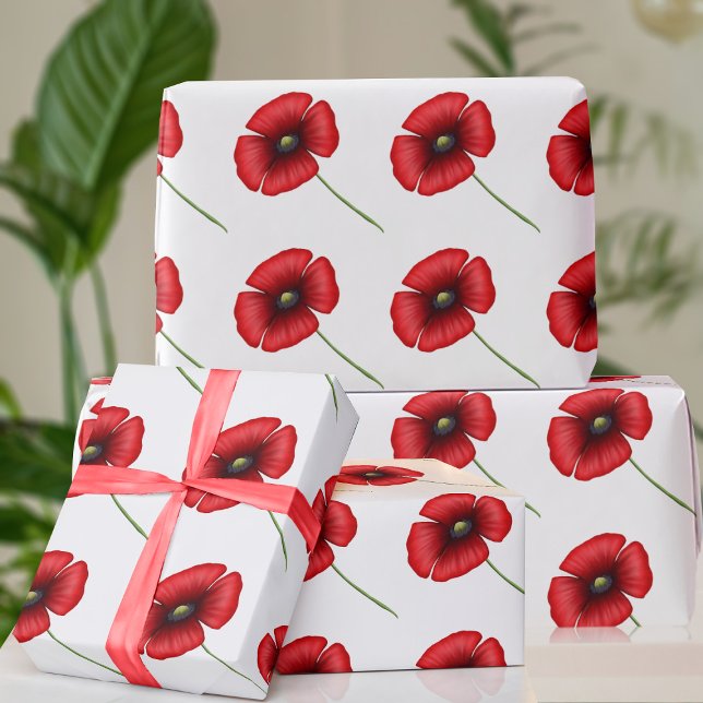Poppy Flowers Pattern Red and White Wrapping Paper (A pretty red poppy wrapping paper for all your gifts any time of the year. )