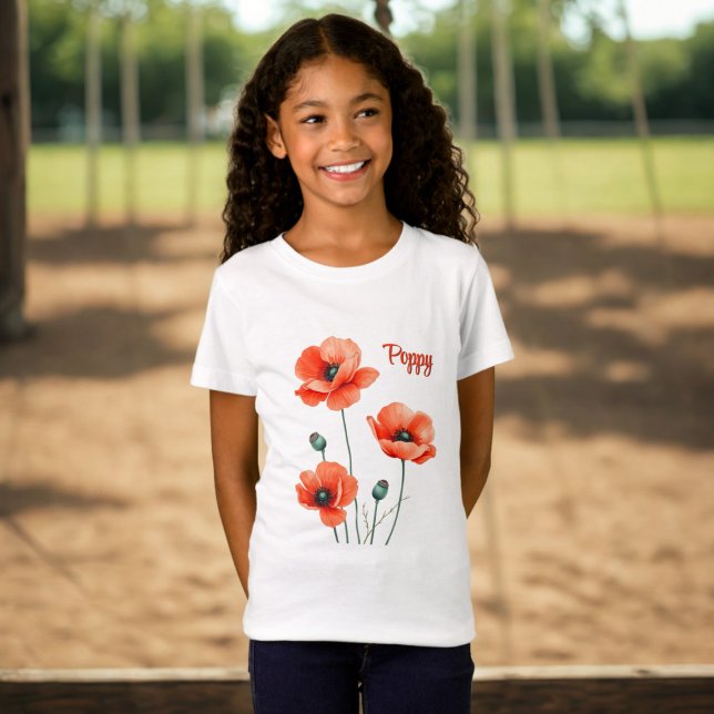 Poppy Flowers Personalised T-Shirt (A pretty poppy shirt with space for your name)