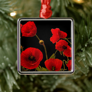 Poppy Flowers Red Black Watercolor Floral Decor Metal Tree Decoration