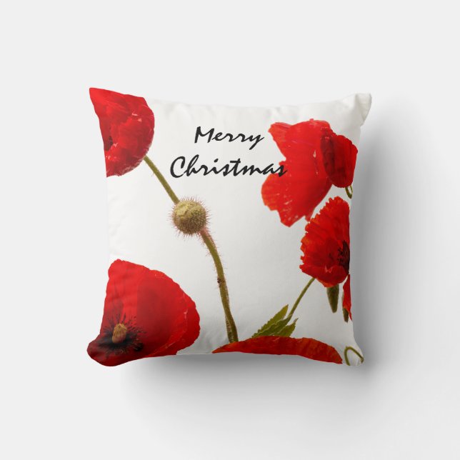 Poppy Flowers Red Floral Merry Christmas White Cushion (Front)
