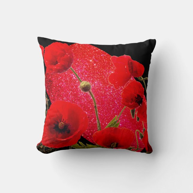 Poppy Flowers Red Glitter Sparkle Black Colourful Cushion (Front)