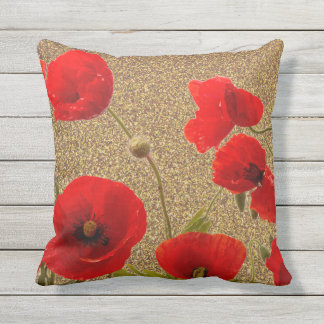 Poppy Flowers Red Gold Glitter Golden Rustic Cushion