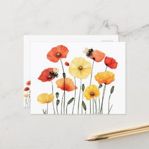Poppy Flowers with Cute Bumble Bees Postcard