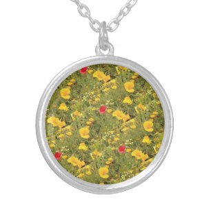 Poppy garden in Capitola yellow and red flowers Silver Plated Necklace