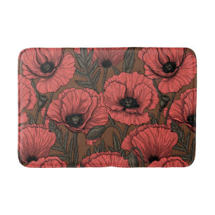 Poppy garden in coral and brown bath mat