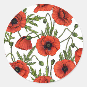 Poppy garden in coral and brown classic round sticker