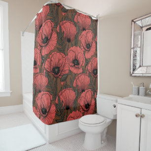 Poppy garden in coral and brown shower curtain