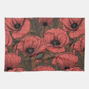 Poppy garden in coral and brown tea towel