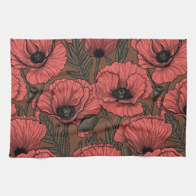 Poppy garden in coral and brown tea towel (Horizontal)