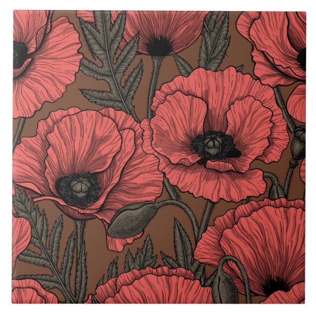 Poppy garden in coral and brown tile (Front)