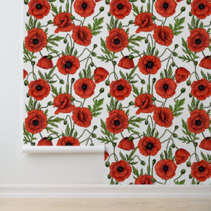 Poppy garden in coral and brown wallpaper