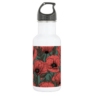Poppy garden in coral, brown and pine green 532 ml water bottle